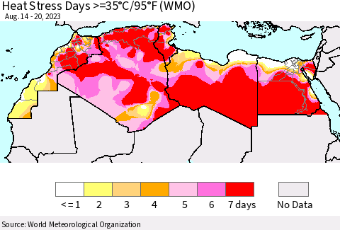 North Africa Heat Stress Days >=35°C/95°F (WMO) Thematic Map For 8/14/2023 - 8/20/2023