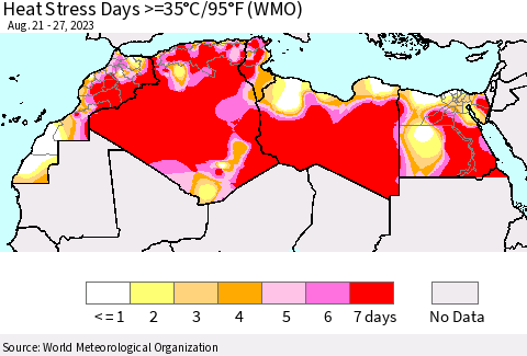 North Africa Heat Stress Days >=35°C/95°F (WMO) Thematic Map For 8/21/2023 - 8/27/2023