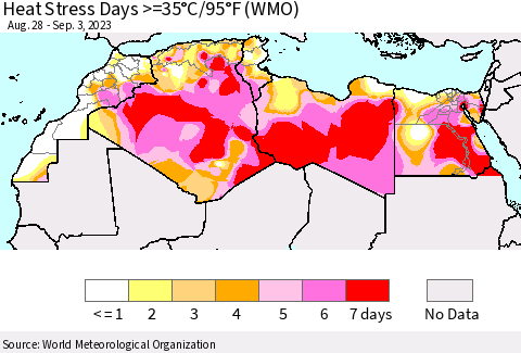 North Africa Heat Stress Days >=35°C/95°F (WMO) Thematic Map For 8/28/2023 - 9/3/2023