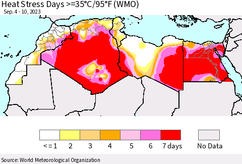 North Africa Heat Stress Days >=35°C/95°F (WMO) Thematic Map For 9/4/2023 - 9/10/2023