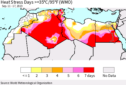 North Africa Heat Stress Days >=35°C/95°F (WMO) Thematic Map For 9/11/2023 - 9/17/2023