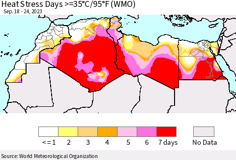 North Africa Heat Stress Days >=35°C/95°F (WMO) Thematic Map For 9/18/2023 - 9/24/2023