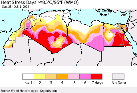 North Africa Heat Stress Days >=35°C/95°F (WMO) Thematic Map For 9/25/2023 - 10/1/2023