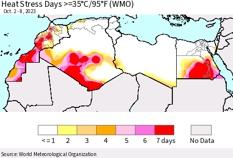 North Africa Heat Stress Days >=35°C/95°F (WMO) Thematic Map For 10/2/2023 - 10/8/2023