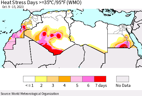North Africa Heat Stress Days >=35°C/95°F (WMO) Thematic Map For 10/9/2023 - 10/15/2023