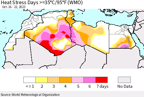 North Africa Heat Stress Days >=35°C/95°F (WMO) Thematic Map For 10/16/2023 - 10/22/2023