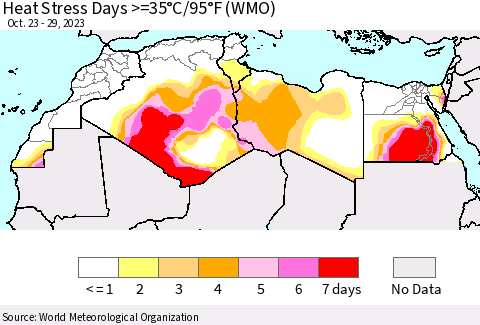 North Africa Heat Stress Days >=35°C/95°F (WMO) Thematic Map For 10/23/2023 - 10/29/2023