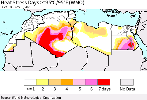 North Africa Heat Stress Days >=35°C/95°F (WMO) Thematic Map For 10/30/2023 - 11/5/2023