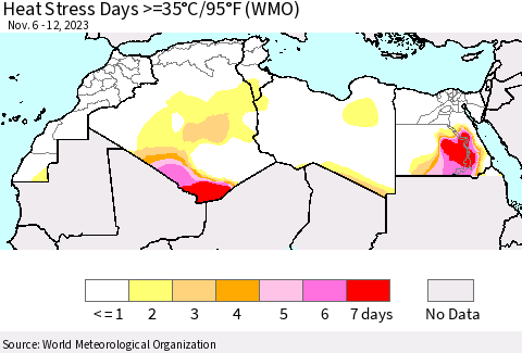 North Africa Heat Stress Days >=35°C/95°F (WMO) Thematic Map For 11/6/2023 - 11/12/2023