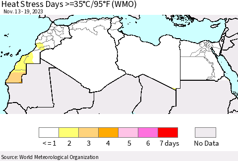 North Africa Heat Stress Days >=35°C/95°F (WMO) Thematic Map For 11/13/2023 - 11/19/2023