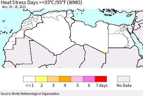 North Africa Heat Stress Days >=35°C/95°F (WMO) Thematic Map For 11/20/2023 - 11/26/2023