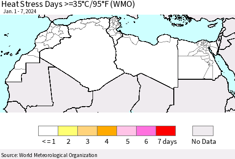 North Africa Heat Stress Days >=35°C/95°F (WMO) Thematic Map For 1/1/2024 - 1/7/2024