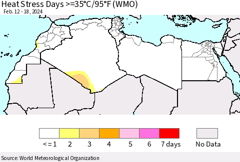 North Africa Heat Stress Days >=35°C/95°F (WMO) Thematic Map For 2/12/2024 - 2/18/2024