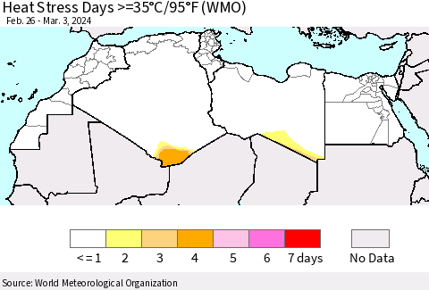 North Africa Heat Stress Days >=35°C/95°F (WMO) Thematic Map For 2/26/2024 - 3/3/2024
