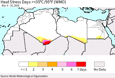 North Africa Heat Stress Days >=35°C/95°F (WMO) Thematic Map For 3/4/2024 - 3/10/2024