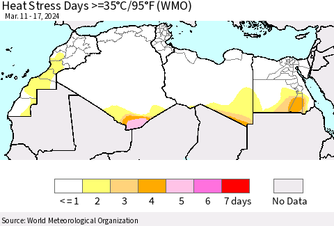 North Africa Heat Stress Days >=35°C/95°F (WMO) Thematic Map For 3/11/2024 - 3/17/2024
