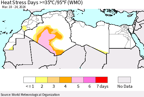 North Africa Heat Stress Days >=35°C/95°F (WMO) Thematic Map For 3/18/2024 - 3/24/2024
