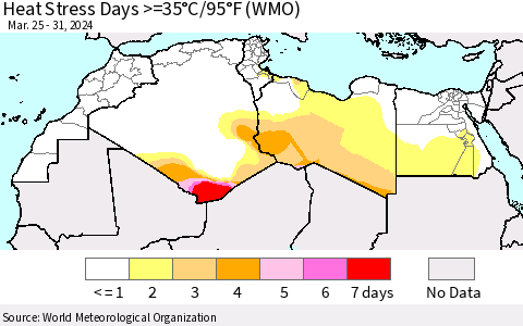 North Africa Heat Stress Days >=35°C/95°F (WMO) Thematic Map For 3/25/2024 - 3/31/2024