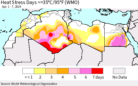North Africa Heat Stress Days >=35°C/95°F (WMO) Thematic Map For 4/1/2024 - 4/7/2024