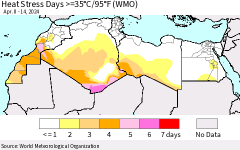 North Africa Heat Stress Days >=35°C/95°F (WMO) Thematic Map For 4/8/2024 - 4/14/2024