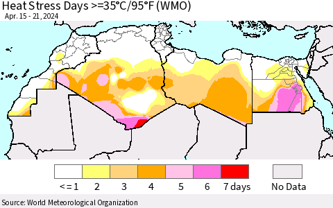 North Africa Heat Stress Days >=35°C/95°F (WMO) Thematic Map For 4/15/2024 - 4/21/2024