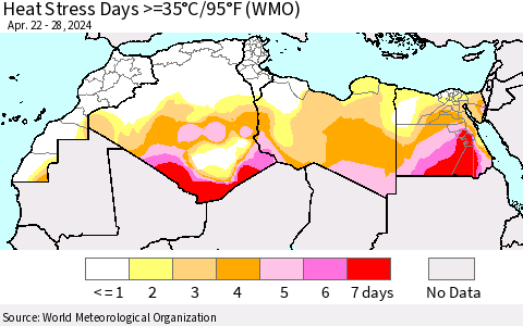 North Africa Heat Stress Days >=35°C/95°F (WMO) Thematic Map For 4/22/2024 - 4/28/2024
