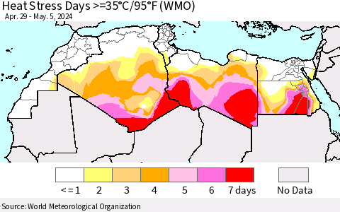 North Africa Heat Stress Days >=35°C/95°F (WMO) Thematic Map For 4/29/2024 - 5/5/2024