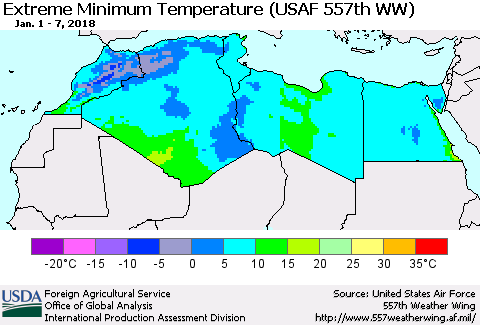 North Africa Minimum Daily Temperature (USAF 557th WW) Thematic Map For 1/1/2018 - 1/7/2018