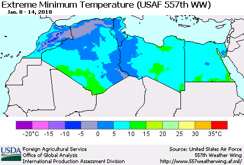 North Africa Minimum Daily Temperature (USAF 557th WW) Thematic Map For 1/8/2018 - 1/14/2018