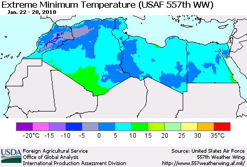 North Africa Minimum Daily Temperature (USAF 557th WW) Thematic Map For 1/22/2018 - 1/28/2018
