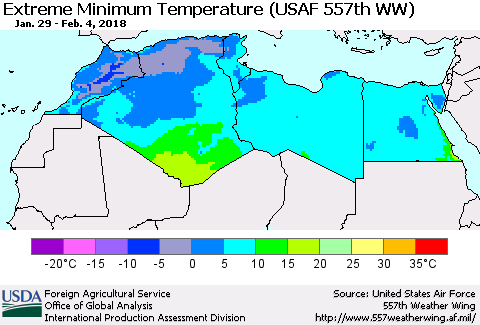 North Africa Minimum Daily Temperature (USAF 557th WW) Thematic Map For 1/29/2018 - 2/4/2018