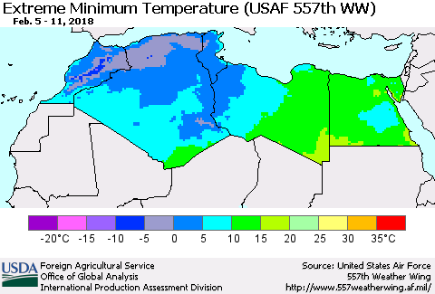 North Africa Minimum Daily Temperature (USAF 557th WW) Thematic Map For 2/5/2018 - 2/11/2018