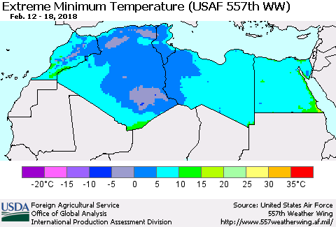 North Africa Minimum Daily Temperature (USAF 557th WW) Thematic Map For 2/12/2018 - 2/18/2018