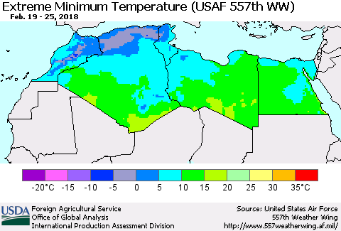 North Africa Minimum Daily Temperature (USAF 557th WW) Thematic Map For 2/19/2018 - 2/25/2018