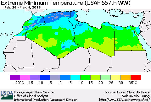 North Africa Minimum Daily Temperature (USAF 557th WW) Thematic Map For 2/26/2018 - 3/4/2018
