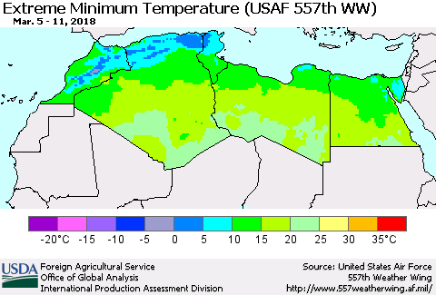 North Africa Minimum Daily Temperature (USAF 557th WW) Thematic Map For 3/5/2018 - 3/11/2018