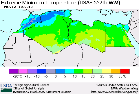 North Africa Minimum Daily Temperature (USAF 557th WW) Thematic Map For 3/12/2018 - 3/18/2018