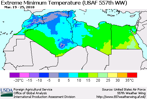 North Africa Minimum Daily Temperature (USAF 557th WW) Thematic Map For 3/19/2018 - 3/25/2018