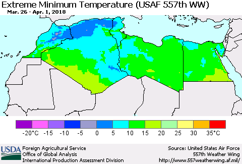 North Africa Minimum Daily Temperature (USAF 557th WW) Thematic Map For 3/26/2018 - 4/1/2018