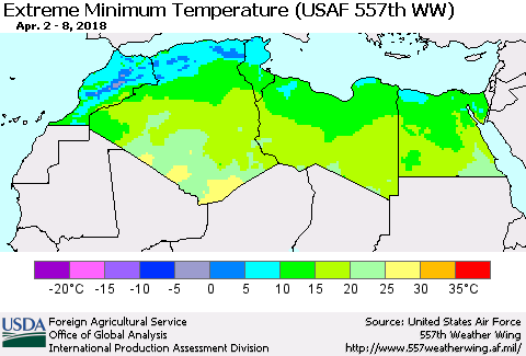 North Africa Minimum Daily Temperature (USAF 557th WW) Thematic Map For 4/2/2018 - 4/8/2018