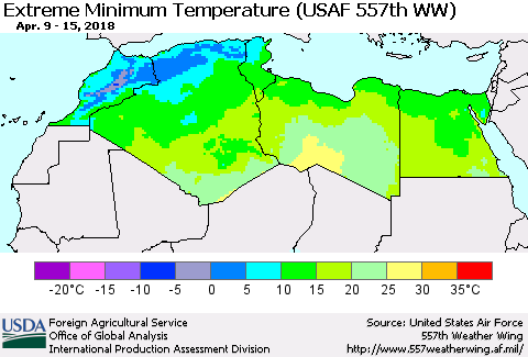North Africa Minimum Daily Temperature (USAF 557th WW) Thematic Map For 4/9/2018 - 4/15/2018
