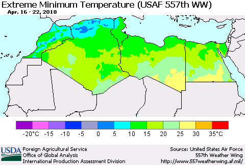 North Africa Minimum Daily Temperature (USAF 557th WW) Thematic Map For 4/16/2018 - 4/22/2018