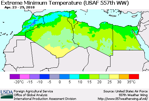North Africa Minimum Daily Temperature (USAF 557th WW) Thematic Map For 4/23/2018 - 4/29/2018