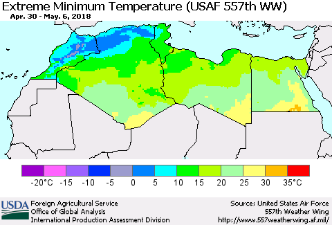 North Africa Minimum Daily Temperature (USAF 557th WW) Thematic Map For 4/30/2018 - 5/6/2018