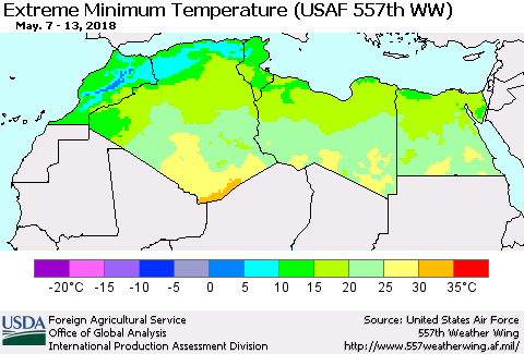 North Africa Minimum Daily Temperature (USAF 557th WW) Thematic Map For 5/7/2018 - 5/13/2018