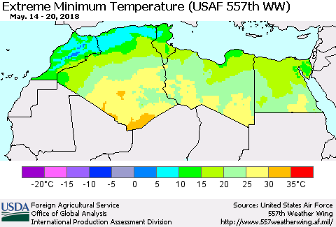 North Africa Minimum Daily Temperature (USAF 557th WW) Thematic Map For 5/14/2018 - 5/20/2018