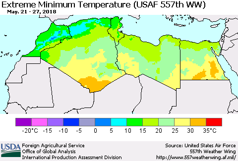 North Africa Minimum Daily Temperature (USAF 557th WW) Thematic Map For 5/21/2018 - 5/27/2018