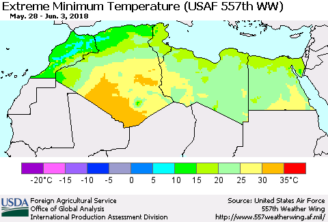 North Africa Minimum Daily Temperature (USAF 557th WW) Thematic Map For 5/28/2018 - 6/3/2018