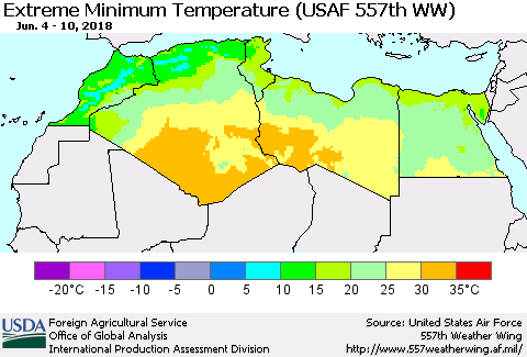 North Africa Minimum Daily Temperature (USAF 557th WW) Thematic Map For 6/4/2018 - 6/10/2018