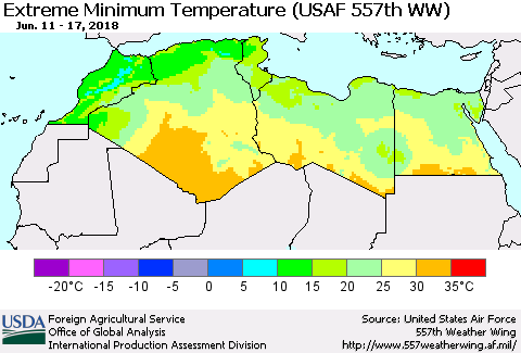North Africa Minimum Daily Temperature (USAF 557th WW) Thematic Map For 6/11/2018 - 6/17/2018